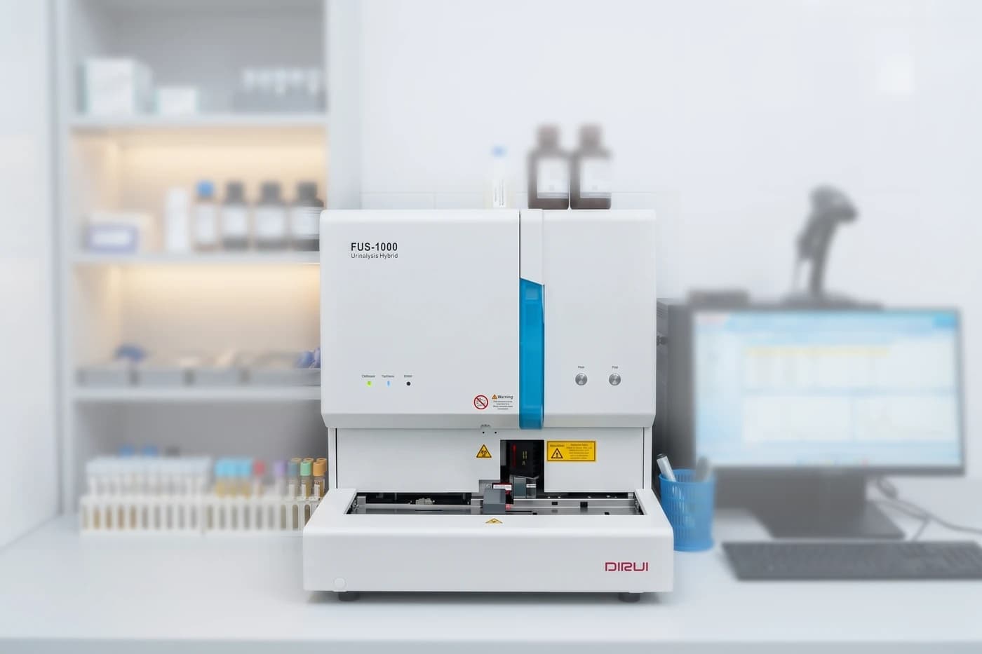 A DIRUI FUS-1000 Urinalysis Hybrid analyser in the Dhaka Clinic laboratory, Tangail, with the bench behind it out of focus