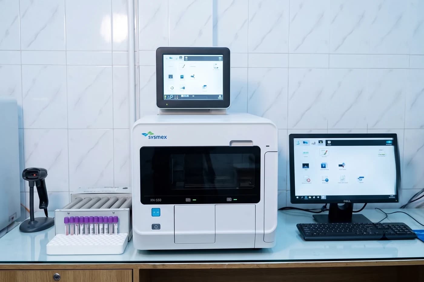 Sysmex XN-550 haematology analyser at Dhaka Clinic, Tangail, with a rack of EDTA sample tubes beside it
