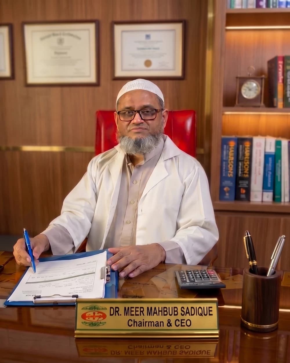 Dr. Meer Mahbub Sadique, Chairman and Chief Executive Officer of Dhaka Clinic & Nursing Home, at his desk in Tangail