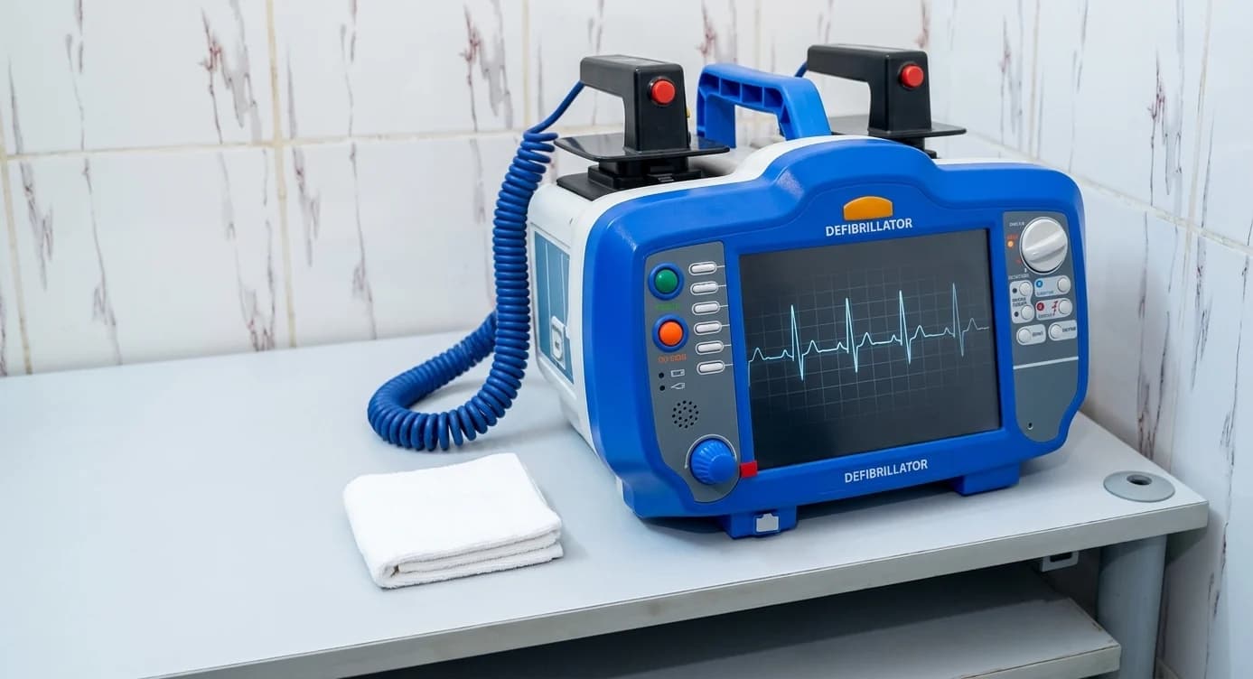 A defibrillator switched on and showing a rhythm trace, kept ready in the emergency area at Dhaka Clinic, Tangail